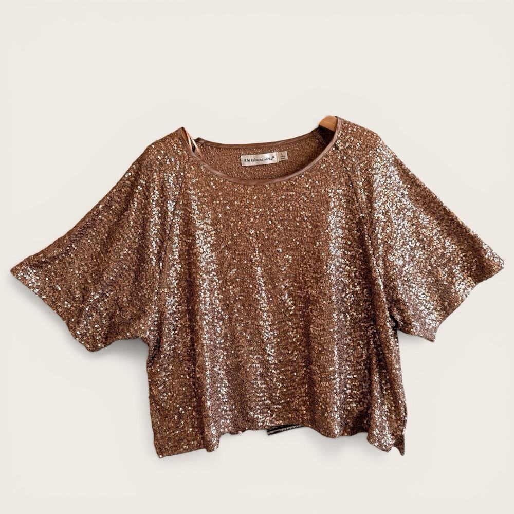 RM Rebecca Minkoff Rose Gold Sequin Top Short Sleeve Boxy Party L
